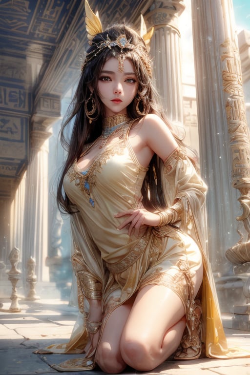 masterpiece, best quality, ultra detailed, cute, beautiful, 1 girl, Detailedface, petite, big_breasts, Close-up view. (dynamic pose), (random pose), egyptian clothing, half yellow (top) and half black hair (bottom), blue orange eyes, cute_eyes, detailed egypt temple, (high detailed skin:1.2),8K UHD,dslr,soft lighting,high quality,film grain, Fujifilm XT3,1 girl, yuzu,