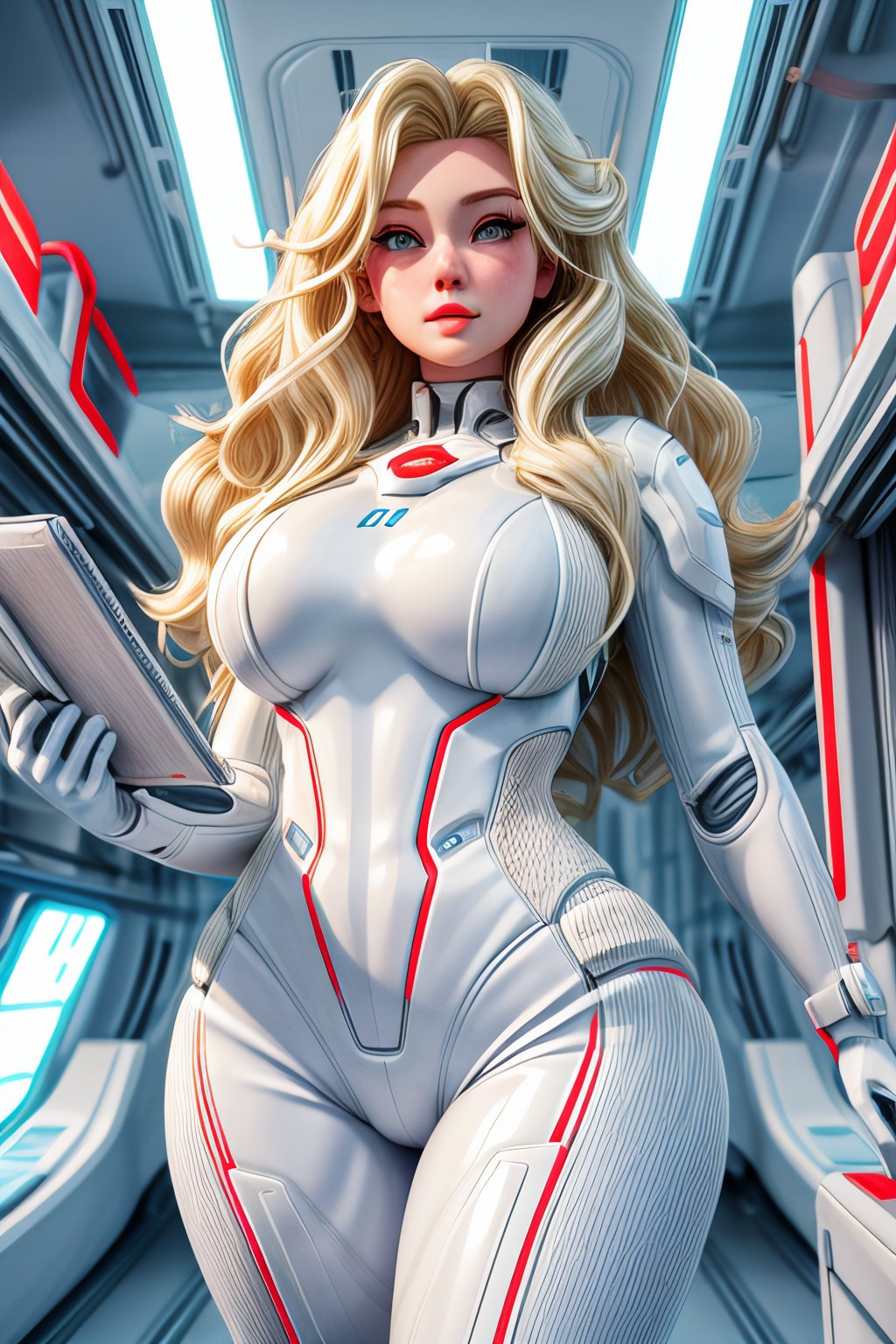 illustration, best quality, ultra detailed, cute, beautiful, 1girl, curvy_hips, holding_clipboard, white_futuristic_clothing, wavy_hair, blonde_hair, red_eyes, fantasy, futuristic_laboratory, electric_cables, 3DMM, Detailedface