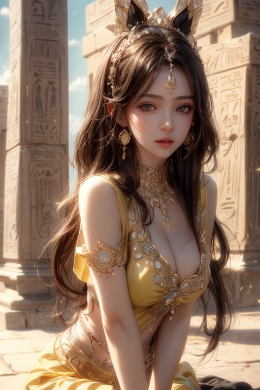 masterpiece, best quality, ultra detailed, cute, beautiful, 1 girl, Detailedface, petite, big_breasts, Close-up view. (dynamic pose), (random pose), egyptian clothing, half yellow (top) and half black hair (bottom), blue orange eyes, cute_eyes, detailed egypt temple, (high detailed skin:1.2),8K UHD,dslr,soft lighting,high quality,film grain, Fujifilm XT3,1 girl, yuzu,