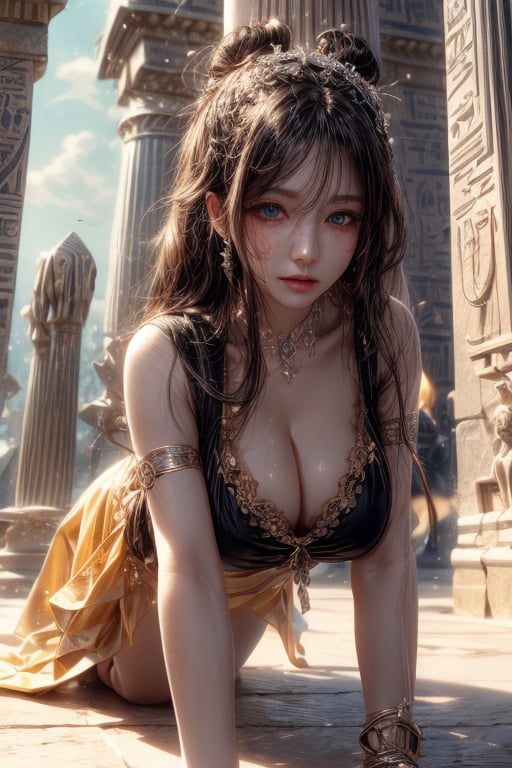 masterpiece, best quality, ultra detailed, cute, beautiful, 1 girl, Detailedface, petite, big_breasts, Close-up view. (dynamic pose), (random pose), detailed egyptian_fashion, skirt, hentai style, half yellow (top) and half black hair (bottom), blue orange eyes, cute_eyes, detailed egypt temple, (high detailed skin:1.2),8K UHD,dslr,soft lighting,high quality,film grain, Fujifilm XT3,1 girl, yuzu,