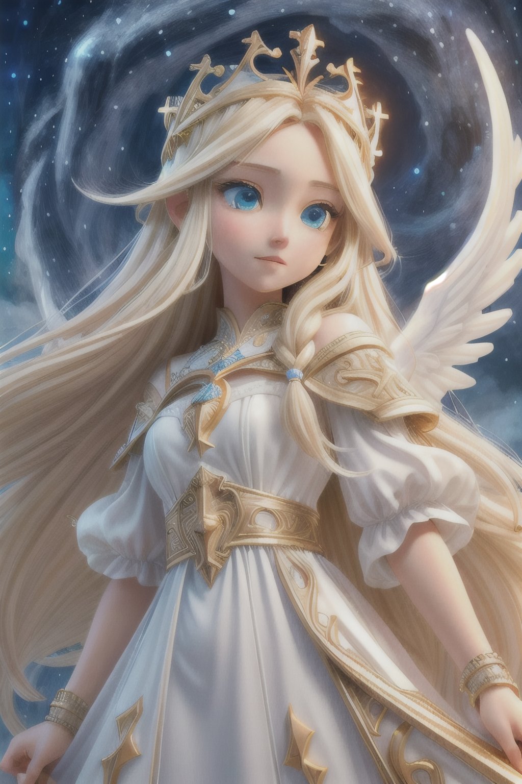 illustration, best quality, ultra detailed, cute, beautiful, 1girl, holding_harpa, long_dress, white_dress, long_hair, blonde_hair, cyan_eyes, angel_wings, angel_halo, fantasy, close_up, night_sky, starry_night, angels in background