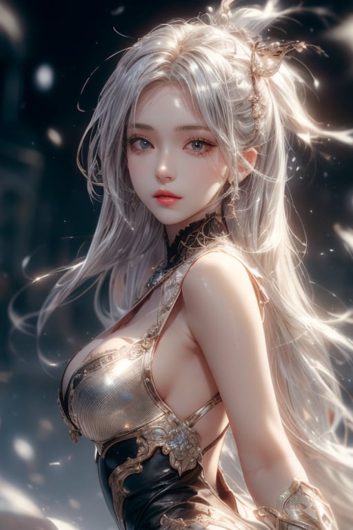 masterpiece, best quality, ultra detailed, cute, beautiful, 1 girl, Detailedface, petite, big_breasts, Close-up view. (dynamic pose), detailed dress, armor, skirt, hentai style, half black (top) and half white hair (bottom), silver bronze eyes, cute_eyes, detailed snowy castle, (high detailed skin:1.2),8K UHD,dslr,soft lighting,high quality,film grain, Fujifilm XT3,1 girl,yuzu