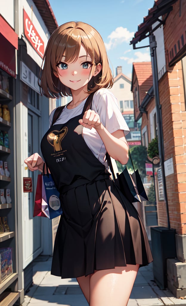 Cowboy shot Anime, Absurd, Masterpiece, Super Detailed, Best Quality, Professional Lighting, Hyper Detail, Sharp Detail, 1 girl, very beautiful, clean white skin, big beautiful eyes, 22 years old, bob cut, curvy ,red blush,shyly smile:1.1,(paw pose:1.2),outdoors,shopping street,(skirt style),OOTD