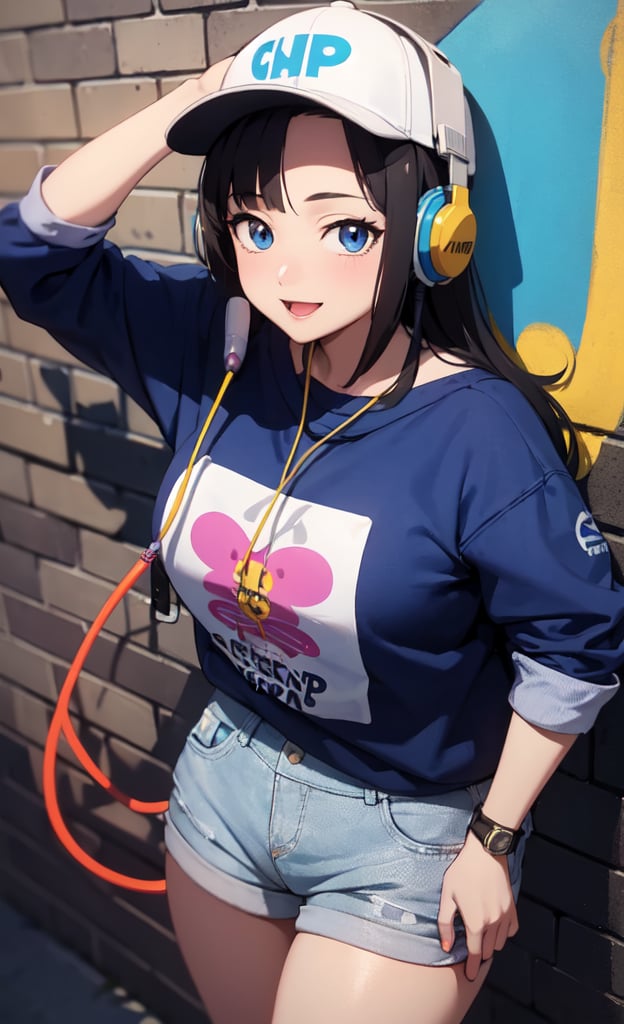 Cowboy shot,Anime, Absurd, Masterpiece, Super Detailed, Best Quality, Professional Lighting, Hyper Detail, Sharp Detail, (Light Transmission), (Spectacular Panorama View: 1.3) ,one women, very pretty,(Hip Hop Culture:1.5),(hip hang),happy smile, outdoors,wall,(Wall graffiti),cap,(headphone),lean against a wall