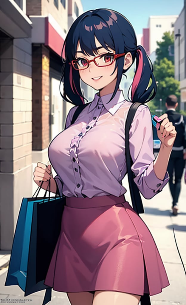 Walking,Anime, Absurd, Masterpiece, Super Detailed, Best Quality, Professional Lighting, Hyper Detail, Sharp Detail, (Light Transmission), Detailed background description,break,1 woman, very beautiful, detailed facial description, big beautiful red eyes, 28years old, break,(shopping street), seductive smile, glasses, deep blue hair red multicolored hair, twintails, long hair, break,(Pink ruffled blouse), (long lavender skirt),bag,middle large breasts, 