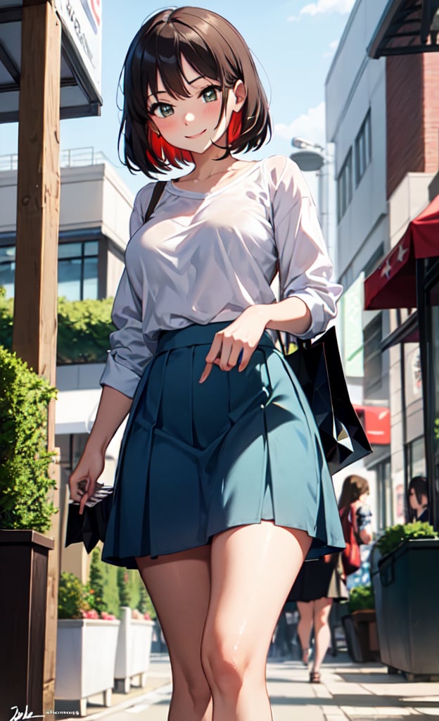 Cowboy shot Anime, Absurd, Masterpiece, Super Detailed, Best Quality, Professional Lighting, Hyper Detail, Sharp Detail, 1 girl, very beautiful, clean white skin, big beautiful eyes, 22 years old, bob cut, curvy ,red blush,shyly smile:1.1,outdoors,shopping street,(skirt style),OOTD