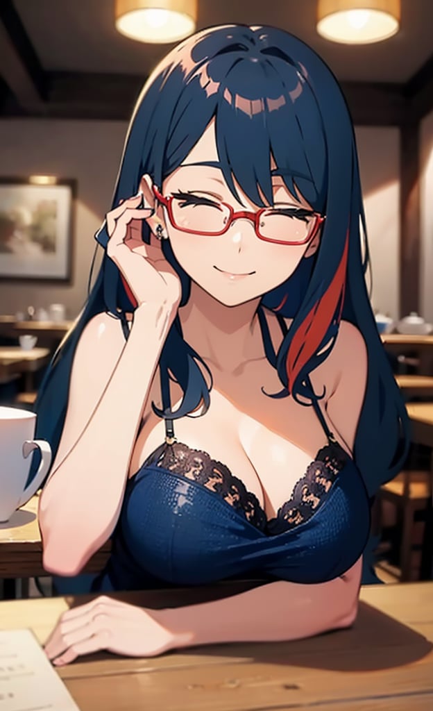 Anime, Absurd, masutepiece, super detailed, Best Quality, Professional Lighting, Hyper Detail, Sharp Detail, (Light transmission), Detailed Background Information,BREAK,1 woman, Very beautiful, Detailed face description,Close your eyes and smile, 28 year old, BREAK,(Antique Cafe),Sit,(table),(hands on own cheeks:1.2), Large breasts,breasts on table, breast rest,break,Glasses, Deep blue hair Red multicolored hair, Twin-tailed, Long hair, (camisole),