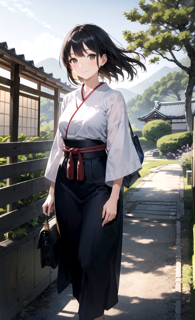 Serene, tranquil atmosphere, picturesque Japanese countryside, woman walking gracefully, blending seamlessly with nature, gentle breeze rustling her hair, hint of a peaceful smile, soft lighting that captures the essence of the scene, vibrant yet harmonious colors, embrace the serenity of nature, masterfully depict the tranquil landscape and the woman's connection to it.