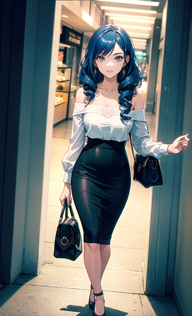 Cowboy shot,(underground mall),walking,Spectacular panoramic views:1.2, Break,blue (off shoulder),(pencil skirt),1 girl in ,very beautiful ,22year old,Break,Gradient Hair,drill hair,middle breasts,Curve,shoulder bag