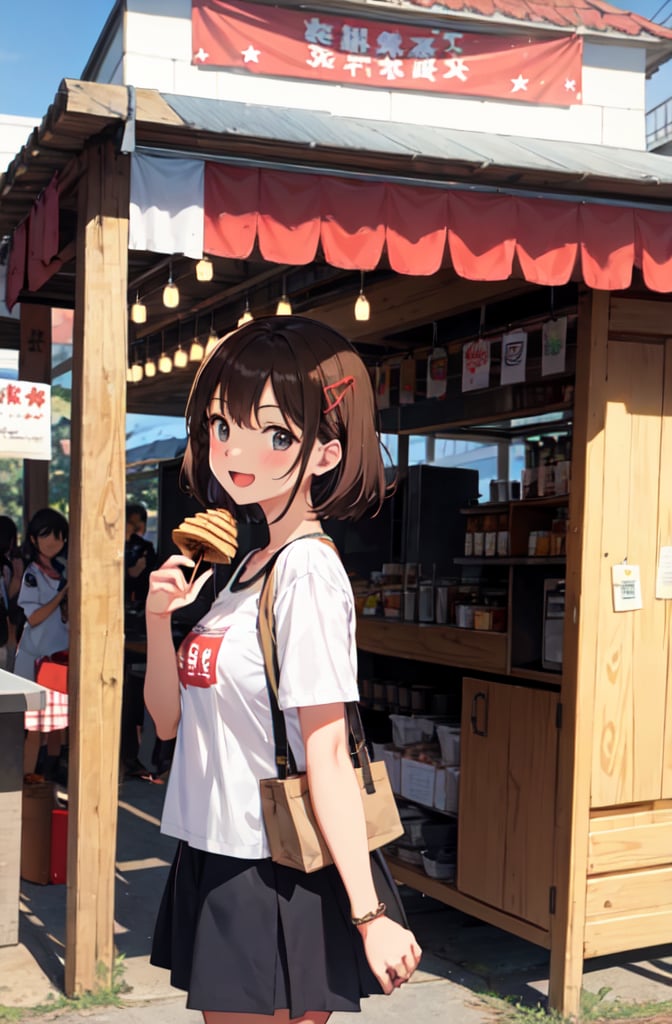 1 girl, very beautiful, clean white skin, big beautiful eyes,18years old, bob cut,dark red hair, break,OOTD,lace-up boots,open mouth,shyly smiling:1.2,blush, BREAK,atmosphere of a school festival's food stall area. Depict a colorful scene with a variety of booths, BREAK,each adorned with creative signs and decorations. Show students eagerly enjoying treats like cotton candy, takoyaki, and crepes. Some stalls have engaging games where participants win prizes. Highlight the diversity of food, BREAK,the festive decorations, and the joyful expressions on people's faces. The backdrop could include the school building, blue sky, and bustling crowds, emphasizing the festive spirit of the event