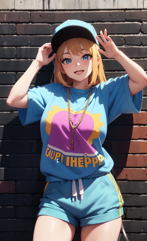 Cowboy shot,Anime, Absurd, Masterpiece, Super Detailed, Best Quality, Professional Lighting, Hyper Detail, Sharp Detail, (Light Transmission), (Spectacular Panorama View: 1.3) ,one women, very pretty,(Hip Hop Culture:1.5),(hip hang),happy smile, outdoors,wall,Wall graffiti,cap,pose