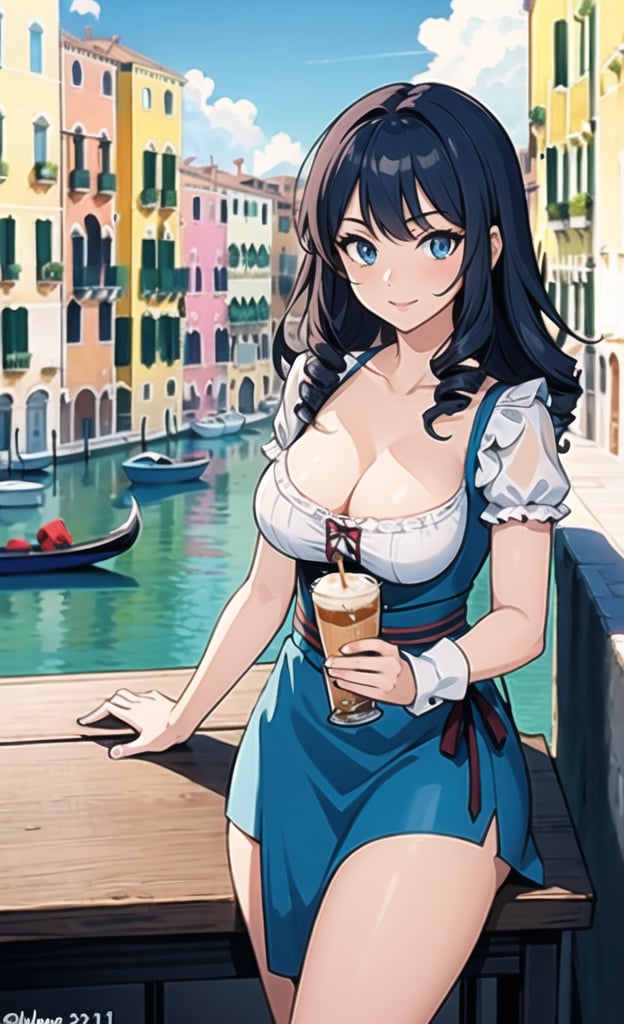 Cowboy shot,Venice, (cafe),open terrace,sit,Spectacular panoramic views:1.2, Break,blue dirndl,1 girl in ,very beautif,22year old,Break,Gradient Hair,drill hair,middle breasts,Curve,