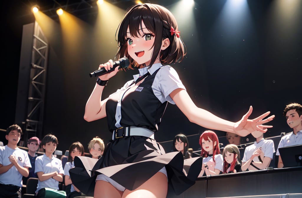 1 girl, very beautiful, clean white skin, big beautiful eyes,18years old, bob cut,dark red hair, break,OOTD,lace-up boots,open mouth,shyly smiling:1.2,blush, BREAK,the energy of a student band's performance on stage during a school festival. Show the band members playing their instruments with passion, their expressions reflecting their love for music. Use dynamic lighting to emphasize the stage presence and excitement. Capture the audience's enthusiasm, with students clapping and dancing in front of the stage. Background elements like colorful spotlights, banners, and a cheering crowd add to the lively atmosphere of the event