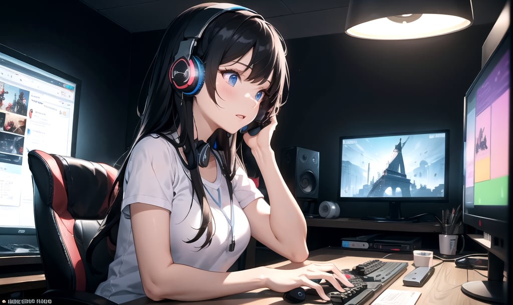 Animation, absurd, masterpiece, ultra-detailed, top quality, professional lighting, hyperdetailed, sharp detail, (light transmission),8k, ultra-fine illustration
BREAK,
In a lavishly decorated gaming room, a young woman with a pair of stylish headphones, engrossed in her gaming setup, her expression a mix of concentration and excitement, her fingers deftly typing away on a sleek keyboard, the room adorned with high-tech equipment and colorful LED lights, creating a futuristic and immersive atmosphere,

BREAK

the woman's attire reflecting a touch of elegance with a hint of geek chic, a balance between sophistication and her passion for gaming, the rhythmic pulsating lights from the gaming rig casting dynamic patterns across the room, her illuminated profile showcasing the intensity of the gaming experience,

BREAK

Her headphones enveloping her in a world of rich soundscapes, capturing every detail of the virtual world, the ambient lighting highlighting the intricate details of the room and the woman's features, a sense of movement conveyed through dynamic angles and intricate textures, showcasing the seamless integration of technology and entertainment in her world.
