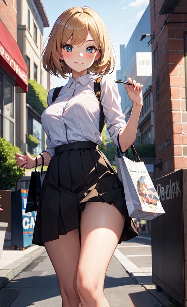 Cowboy shot Anime, Absurd, Masterpiece, Super Detailed, Best Quality, Professional Lighting, Hyper Detail, Sharp Detail, 1 girl, very beautiful, clean white skin, big beautiful eyes, 22 years old, bob cut, curvy ,red blush,shyly smile:1.1,outdoors,shopping street,(skirt style),OOTD