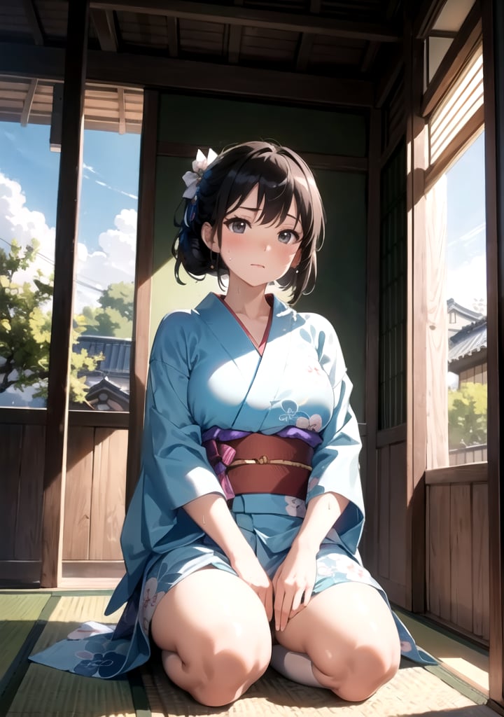 
Animation, absurd, masterpiece, ultra-detailed, top quality, professional lighting, hyperdetailed, sharp detail, (light transmission),8k, ultra-fine illustration, BREAK

A woman is sitting on the veranda of a traditional Japanese house, adopting the graceful "seiza" posture. She wears a light and airy yukata, adorned with delicate floral patterns that seem to dance in the gentle breeze. The fabric drapes elegantly around her form, suggesting comfort and relaxation.

As the sun's rays bathe the scene, the woman fans herself with a traditional hand-held fan, her expression a mixture of contentment and relief. Beads of sweat glisten on her forehead, further emphasizing the warmth of the day. Her gaze is directed outward, hinting at the serene landscape she must be observing.

The meticulous rendering of light and shadows creates a lifelike and almost surreal quality to the illustration. Every fold of the yukata and every detail of the wooden veranda are depicted with an astonishing level of accuracy. The delicate interplay of sunlight filtering through the trees and gently illuminating her form adds a touch of magic to the scene.

In this extraordinary piece, the artist captures the essence of a tranquil summer day, portraying the woman's efforts to keep cool while immersed in the timeless charm of a Japanese countryside veranda.