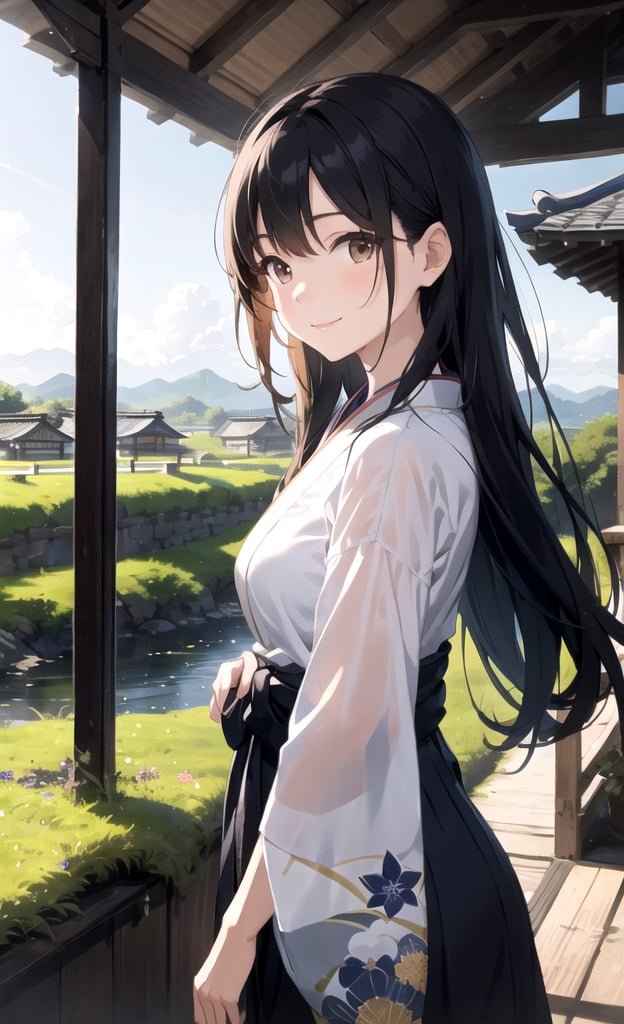 Serene, tranquil atmosphere, picturesque Japanese countryside, woman walking gracefully, blending seamlessly with nature, gentle breeze rustling her hair, hint of a peaceful smile, soft lighting that captures the essence of the scene, vibrant yet harmonious colors, embrace the serenity of nature, masterfully depict the tranquil landscape and the woman's connection to it.