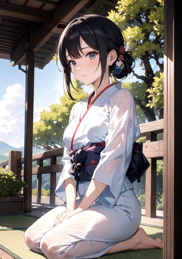 
Animation, absurd, masterpiece, ultra-detailed, top quality, professional lighting, hyperdetailed, sharp detail, (light transmission),8k, ultra-fine illustration, BREAK

A woman is sitting on the veranda of a traditional Japanese house, adopting the graceful "seiza" posture. She wears a light and airy yukata, adorned with delicate floral patterns that seem to dance in the gentle breeze. The fabric drapes elegantly around her form, suggesting comfort and relaxation.

As the sun's rays bathe the scene, the woman fans herself with a traditional hand-held fan, her expression a mixture of contentment and relief. Beads of sweat glisten on her forehead, further emphasizing the warmth of the day. Her gaze is directed outward, hinting at the serene landscape she must be observing.

The meticulous rendering of light and shadows creates a lifelike and almost surreal quality to the illustration. Every fold of the yukata and every detail of the wooden veranda are depicted with an astonishing level of accuracy. The delicate interplay of sunlight filtering through the trees and gently illuminating her form adds a touch of magic to the scene.

In this extraordinary piece, the artist captures the essence of a tranquil summer day, portraying the woman's efforts to keep cool while immersed in the timeless charm of a Japanese countryside veranda.