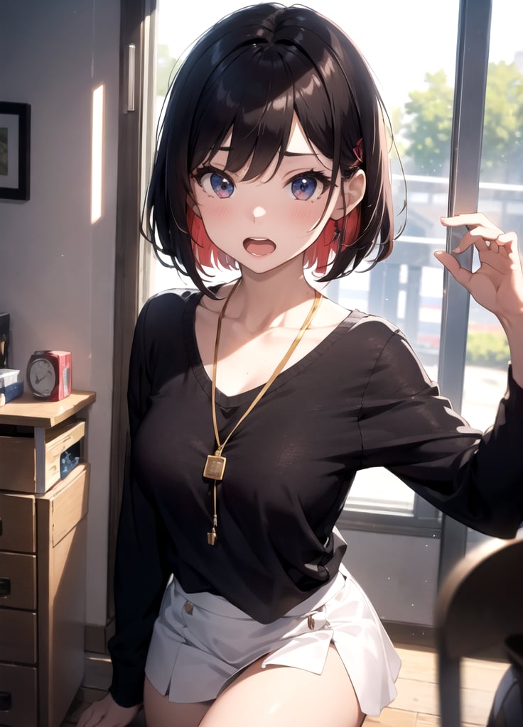 18years old, Vigorous, lively ,bob cut,dark red hair , Vigorous, lively ,BREAK,open mouth,embarassed:1.2,flustered:1.3,Anime, ray tracing, vibrant colors, girl, masterpiece, sharp focus, best quality, depth of field, cinematic lighting, detailed outfit, perfect eyes, rich in details and textures, Absurd, Masterpiece, Super Detailed, Best Quality, Professional Lighting, Hyper Detail, Sharp Detail, (Light Transmission),8k, super fine illustration 1 girl, very beautiful, clean white skin, Energetic, active big beautiful eyes,OOTD,micro mini skirt