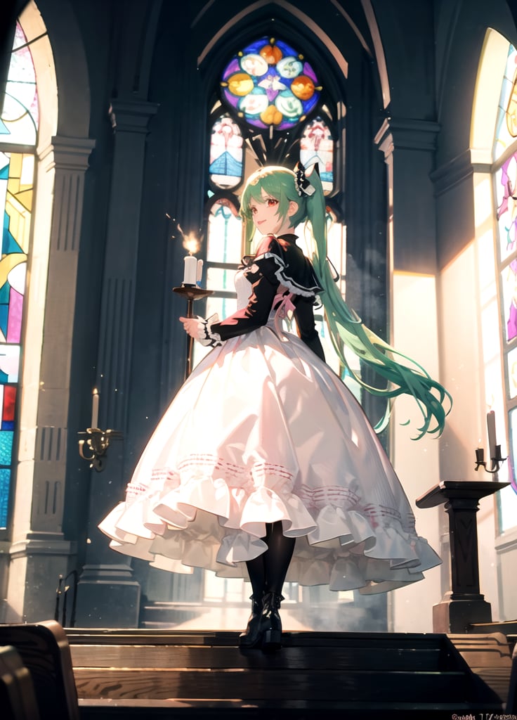 One girl, very pretty, 17 years old, big beautiful red eyes, focus on eyes, break,dark room, church, stained glass, light shining through, cross, candle,break, (Pink Lolita fashion:1.2), white thick-soled boots, Chartreuse Green hair, twin tails, red eye shadow,break,Anime, Absurd, Masterpiece, Super Detailed, Best Quality, Professional Lighting, Hyper Detail, Sharp Detail, (Light Transmission), (Spectacular Panorama View: 1.3),smile