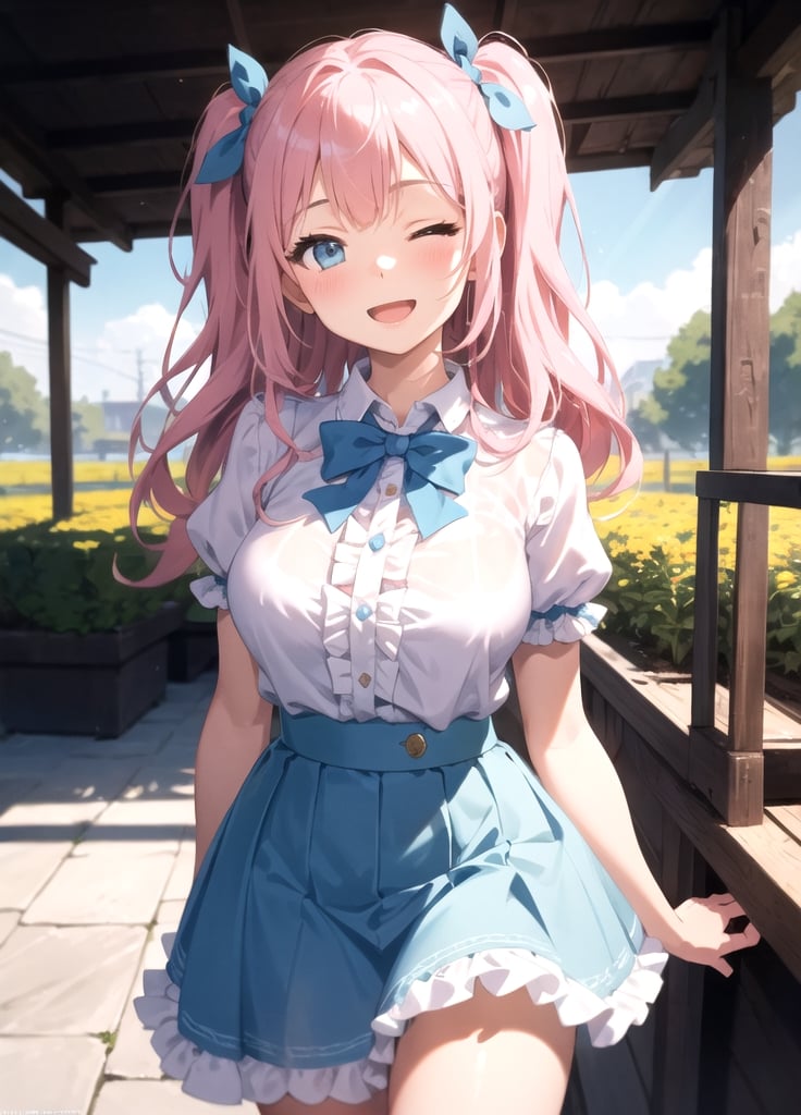 outdoors,Flower fields, beautiful blue skies,(head tilt:1.3),(curtsey),two side up,hime cup,(Light blue frill gypsy skirt:1.5),(White smock blouse),black ribbons, bow tie,,ribbons,Break,Anime, ray tracing, vibrant colors, girl, masterpiece, sharp focus, best quality, depth of field, cinematic lighting, detailed outfit, perfect eyes, rich in details and textures, Absurd, Masterpiece, Super Detailed, Best Quality, Professional Lighting, Hyper Detail, Sharp Detail, (Light Transmission),8k, super fine illustration ,1 girl, very beautiful, clean white skin, big beautiful eyes, 25years old, Gentle, calm ,pastel pink hair,large breasts, , plump ,glamour,Break ,blush,(open mouth with shyly  smile),eyes closed ,loafers