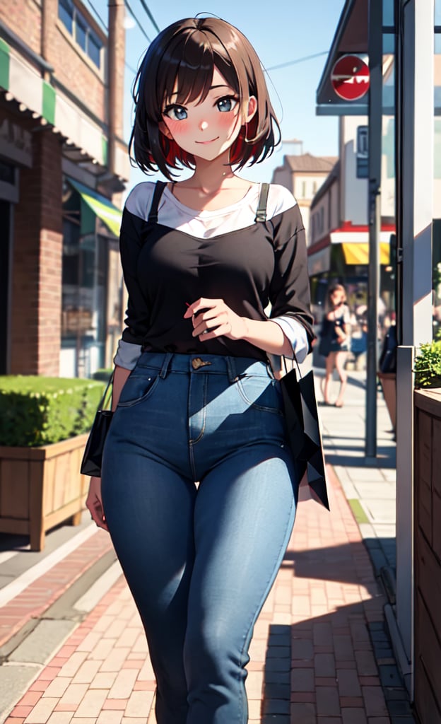 Cowboy shot Anime, Absurd, Masterpiece, Super Detailed, Best Quality, Professional Lighting, Hyper Detail, Sharp Detail, 1 girl, very beautiful, clean white skin, big beautiful eyes, 22 years old, bob cut, curvy ,red blush,shyly smile:1.1,outdoors,shopping street,cutie girl,OOTD