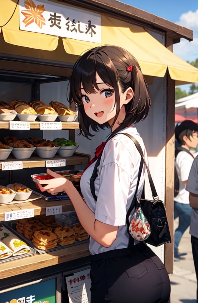 1 girl, very beautiful, clean white skin, big beautiful eyes,18years old, bob cut,dark red hair, break,OOTD,lace-up boots,open mouth,shyly smiling:1.2,blush, BREAK,atmosphere of a school festival's food stall area. Depict a colorful scene with a variety of booths, BREAK,each adorned with creative signs and decorations. Show students eagerly enjoying treats like cotton candy, takoyaki, and crepes. Some stalls have engaging games where participants win prizes. Highlight the diversity of food, BREAK,the festive decorations, and the joyful expressions on people's faces. The backdrop could include the school building, blue sky, and bustling crowds, emphasizing the festive spirit of the event