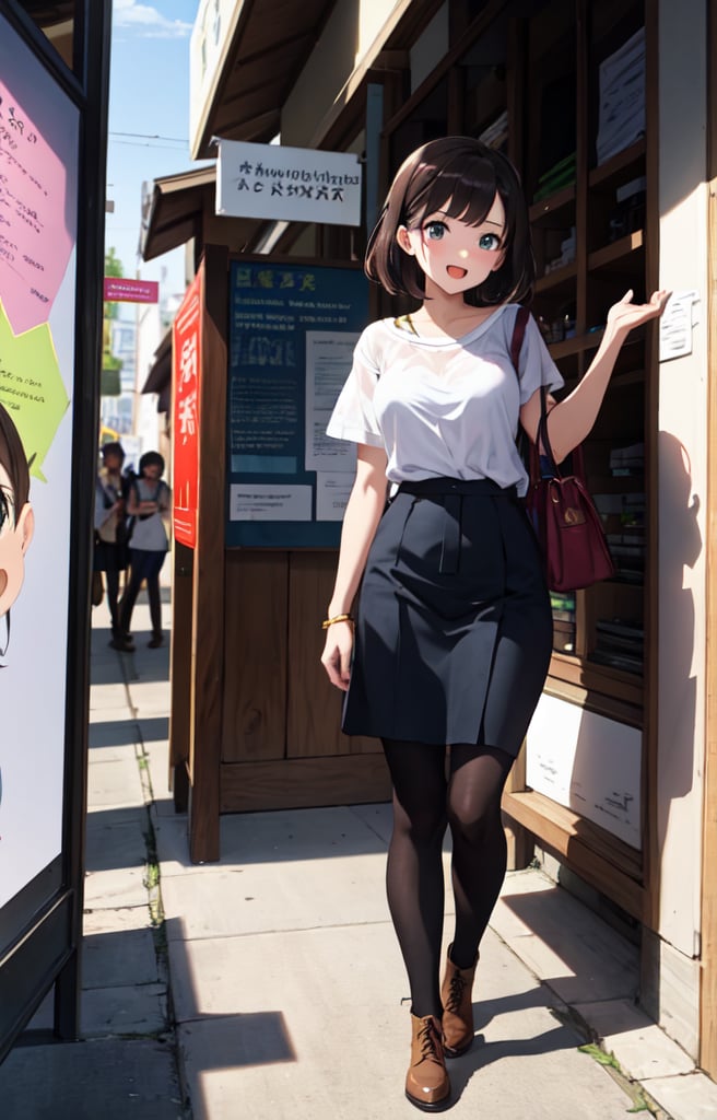 1 girl, very beautiful, clean white skin, big beautiful eyes,18years old, bob cut,dark red hair, break,OOTD,lace-up boots,open mouth,shyly smiling:1.2,blush, BREAK,depicting students admiring art pieces at an exhibition during the school festival,BREAK,Show a diverse group of students captivated by various artworks displayed on easels and walls,BREAK ,Some are quietly contemplating a painting,BREAK, while others engage in animated discussions about sculptures and photographs. The lighting accentuates the artwork,BREAK, casting gentle highlights and shadows. The exhibition space is adorned with creatively designed posters and banners, adding to the artistic ambiance.