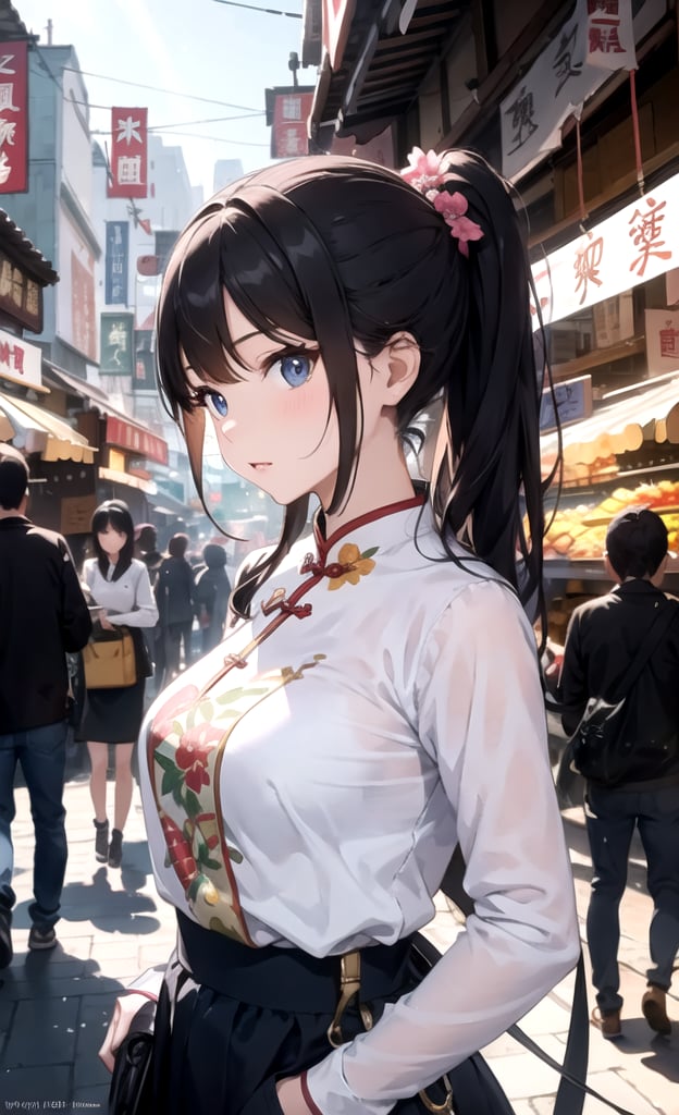 Anime, ray tracing, vibrant colors, girl, masterpiece, sharp focus, best quality, depth of field, cinematic lighting, detailed outfit, perfect eyes, rich in details and textures, Absurd, Masterpiece, Super Detailed, Best Quality, Professional Lighting, Hyper Detail, Sharp Detail, (Light Transmission),8k, super fine illustration 1 girl, very beautiful, clean white skin, Energetic, active big beautiful eyes,

BREAK,

Create an illustration of a very beautiful girl in a pristine white Cheongsam, standing in the heart of a bustling Chinese market street. Her clean white skin contrasts against the vibrant surroundings, emphasizing her elegance and beauty.

BREAK,

Employ ray tracing to achieve lifelike reflections, adding depth and realism to the scene. The intricate details of her outfit and the market environment should be reflected in the surfaces, contributing to the overall richness of the illustration.

BREAK,

Enhance the vibrant colors of the market street using a cinematic lighting approach. Illuminate the scene with warm sunlight that casts soft shadows, creating a visually appealing atmosphere.

BREAK,

Pay special attention to the girl's eyes, using perfect eyes and a sharp focus to capture the energy and excitement in her gaze. Her active, big beautiful eyes should convey her genuine fascination with the Cheongsam and the lively environment.

BREAK,

Craft a detailed outfit that showcases the rich textures and patterns of the Cheongsam. Every fold, seam, and embroidery should be visible, contributing to the detailed and super fine illustration style.

BREAK,

Employ depth of field techniques to keep the girl as the central focus, while allowing the background to blur slightly. This creates a sense of depth and draws attention to the girl's energetic presence.

BREAK,

Infuse the illustration with a sense of absurdity, highlighting the contrast between the traditional attire and the modern market setting. This unique combination will make the illustration stand out as a masterpiece.

BREAK,

Utilize hyper detail to capture the intricate elements of the market street, including the banners, lanterns, and bustling crowd. Each detail should contribute to the immersive experience of the scene.

BREAK,

Employ (Light Transmission) to emphasize the play of light and shadow, adding a touch of magic to the surroundings. The sunlight should filter through the market's architecture, creating captivating patterns of light on the ground.

BREAK,

By incorporating these elements, you'll create an illustration that not only showcases the girl's admiration for the culture and fashion but also captures the dynamic energy and beauty of the bustling Chinese market street in the highest quality, making it a true masterpiece