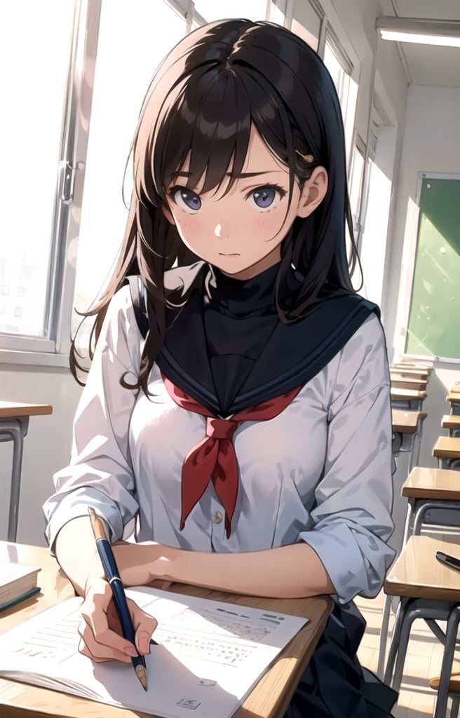 (sketch)1.4,(realistic)+, (masterpiece)1.3, , (A dedicated high school girl studying diligently in a classroom, wearing a sailor uniform), Immersed in her studies, her expression reflects determination and focus, , (soft classroom lighting)1.3, capturing the academic atmosphere. The girl wears a traditional sailor uniform that symbolizes her school. Her neatly tied ribbon and focused posture highlight her dedication. As she writes notes or pores over textbooks, her diligence is evident. Her serious expression and the soft classroom lighting contribute to the academic ambiance. BREAK The background features a well-organized classroom, with desks, books, and educational materials. The scene captures the studious environment that encourages learning. The girl's interaction with her study materials and her surroundings adds authenticity to the scene, making it a portrayal of academic dedication. BREAK This illustration captures the essence of a high school girl engrossed in her studies, exemplifying determination and the pursuit of knowledge within the school setting