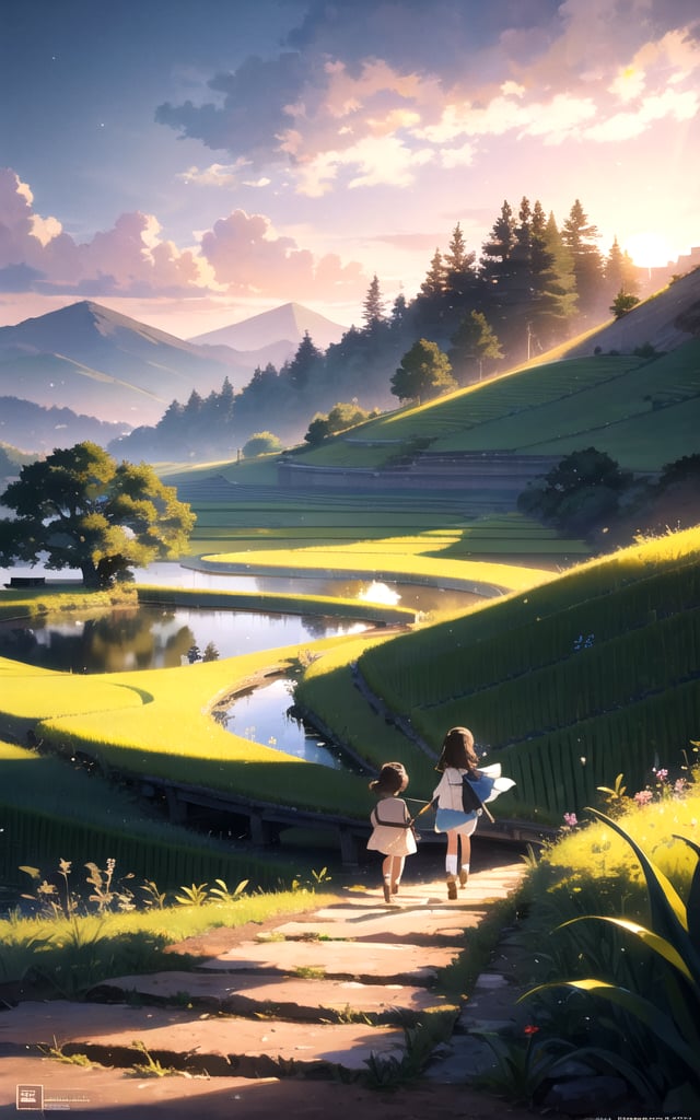 Animation, absurd, masterpiece, ultra-detailed, top quality, professional lighting, hyperdetailed, sharp detail, (light transmission), 8k, ultra-fine illustration,

BREAK,

Capture the tranquil beauty of a Japanese countryside scene during the sunset. The warm hues of the setting sun should cast a golden glow over the entire landscape.

BREAK,

Illustrate two children walking along the narrow path that separates the rice paddies. Their figures should be bathed in the warm, diffused light of the setting sun, creating a serene and nostalgic atmosphere.

BREAK,

Pay meticulous attention to the details of the children's clothing, facial expressions, and body language. Their interactions should reflect the bond of friendship and the shared experience of walking home together.

BREAK,

Utilize the ultra-detailed approach to depict the intricate textures of the rice paddies, the dirt path, and the plants surrounding them. These elements contribute to the authenticity and depth of the scene.

BREAK,

Use professional lighting techniques to enhance the atmosphere, capturing the play of light and shadows that the sunset creates on the landscape. This will add depth and dimension to the illustration.

BREAK,

Through this hyperdetailed and top-quality illustration, you'll create a masterpiece that captures the essence of a peaceful countryside evening. The ultra-fine details and professional lighting will bring out the charm and nostalgia of the scene, showcasing the beauty of the natural world and the connection between the two children