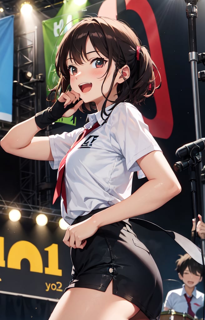 1 girl, very beautiful, clean white skin, big beautiful eyes,18years old, bob cut,dark red hair, break,OOTD,lace-up boots,open mouth,shyly smiling:1.2,blush, BREAK,the energy of a student band's performance on stage during a school festival,BREAK,Show the band members playing their instruments with passion, their expressions reflecting their love for music,BREAK,Use dynamic lighting to emphasize the stage presence and excitement. Capture the audience's enthusiasm,BREAK,with students clapping and dancing in front of the stage. Background elements like colorful spotlights,BREAK,banners, and a cheering crowd add to the lively atmosphere of the event