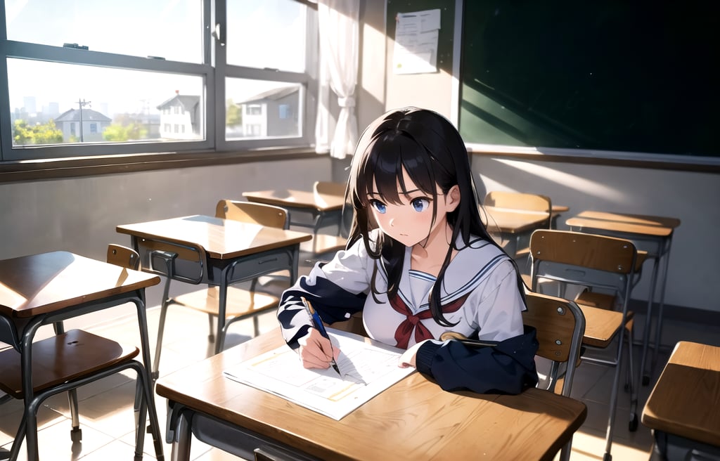 (sketch)1.4,(realistic)+, (masterpiece)1.3, , (A dedicated high school girl studying diligently in a classroom, wearing a sailor uniform), Immersed in her studies, her expression reflects determination and focus, , (soft classroom lighting)1.3, capturing the academic atmosphere. The girl wears a traditional sailor uniform that symbolizes her school. Her neatly tied ribbon and focused posture highlight her dedication. As she writes notes or pores over textbooks, her diligence is evident. Her serious expression and the soft classroom lighting contribute to the academic ambiance. BREAK The background features a well-organized classroom, with desks, books, and educational materials. The scene captures the studious environment that encourages learning. The girl's interaction with her study materials and her surroundings adds authenticity to the scene, making it a portrayal of academic dedication. BREAK This illustration captures the essence of a high school girl engrossed in her studies, exemplifying determination and the pursuit of knowledge within the school setting