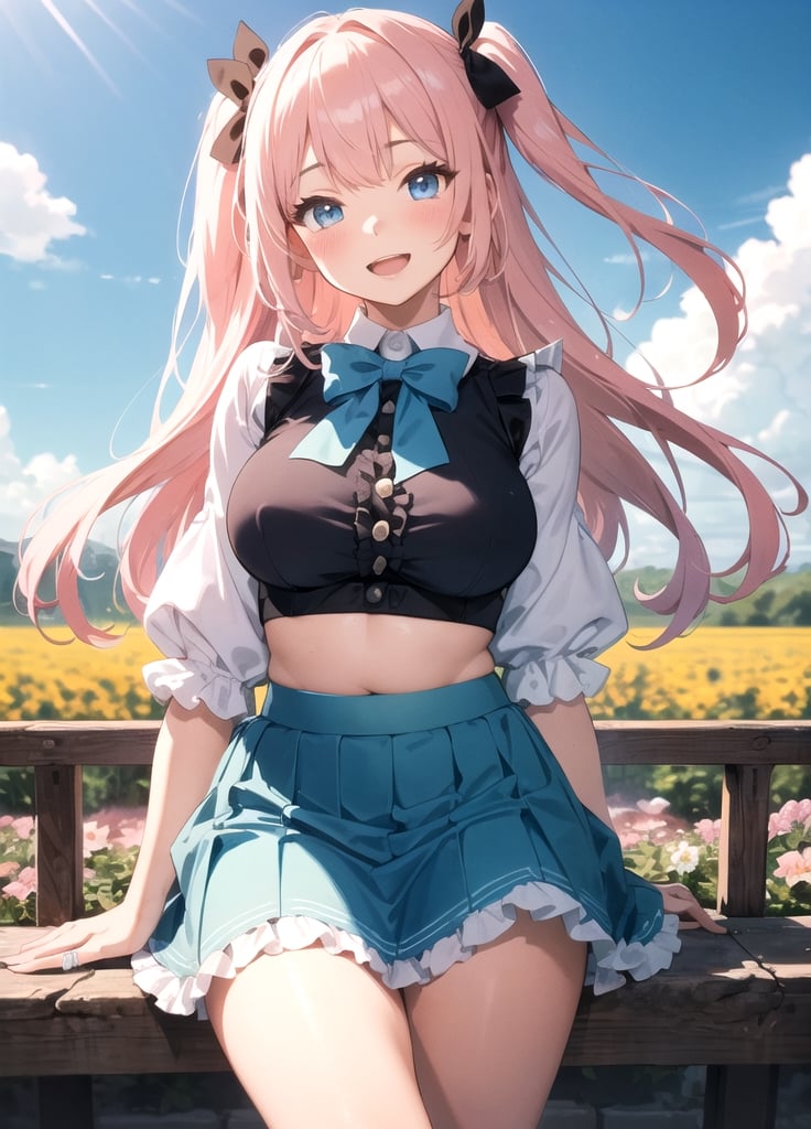 Full body,outdoors,Flower fields, beautiful blue skies,(head tilt:1.3),(curtsey),two side up,hime cup,(Light blue frill gypsy skirt:1.5),(White smock blouse),black ribbons, bow tie,,ribbons,Break,Anime, ray tracing, vibrant colors, girl, masterpiece, sharp focus, best quality, depth of field, cinematic lighting, detailed outfit, perfect eyes, rich in details and textures, Absurd, Masterpiece, Super Detailed, Best Quality, Professional Lighting, Hyper Detail, Sharp Detail, (Light Transmission),8k, super fine illustration ,1 girl, very beautiful, clean white skin, big beautiful eyes, 25years old, Gentle, calm ,pastel pink hair,large breasts, , plump ,glamour,Break ,blush,(open mouth with shyly  smile),eyes closed ,loafers