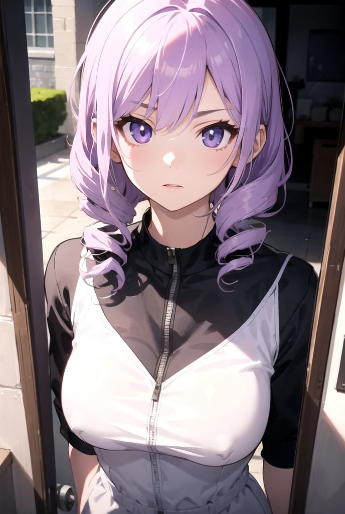 Medium, twin drills hair ,lilac colour hair, 20 years old, cartoon, absurd, mれasterpiece, super detailed, top quality, professional lighting, hyper detail, sharp detail, (light transmission),8k, super fine illustration 1 girl, very beautiful, clean white skin, big beautiful eyes, serious, winning,Entrance to home,OOTD