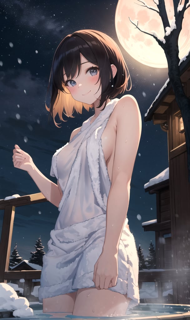 winter scenery,It's snowing,masterpiece, best quality, bathing, soak in an open-air bath , dynamic angle, Beautiful night sky, Cover your body with a towel.night with lights whith richly layeclouds clouded moon in the sky, moon night ,Anime, Absurd, Masterpiece, Super Detailed, Best Quality, Professional Lighting, Hyper Detail, Sharp Detail, (Light Transmission),8k, super fine illustration 1 girl, very beautiful, clean white skin, big beautiful eyes, 18years old, bob cut,dark red hair, break,shyly smiling:1.1