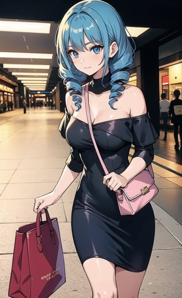 Cowboy shot,(underground mall),walking,Spectacular panoramic views:1.2, Break,blue (off shoulder),1 girl in ,very beautiful ,22year old,Break,Gradient Hair,drill hair,middle breasts,Curve,shoulder bag