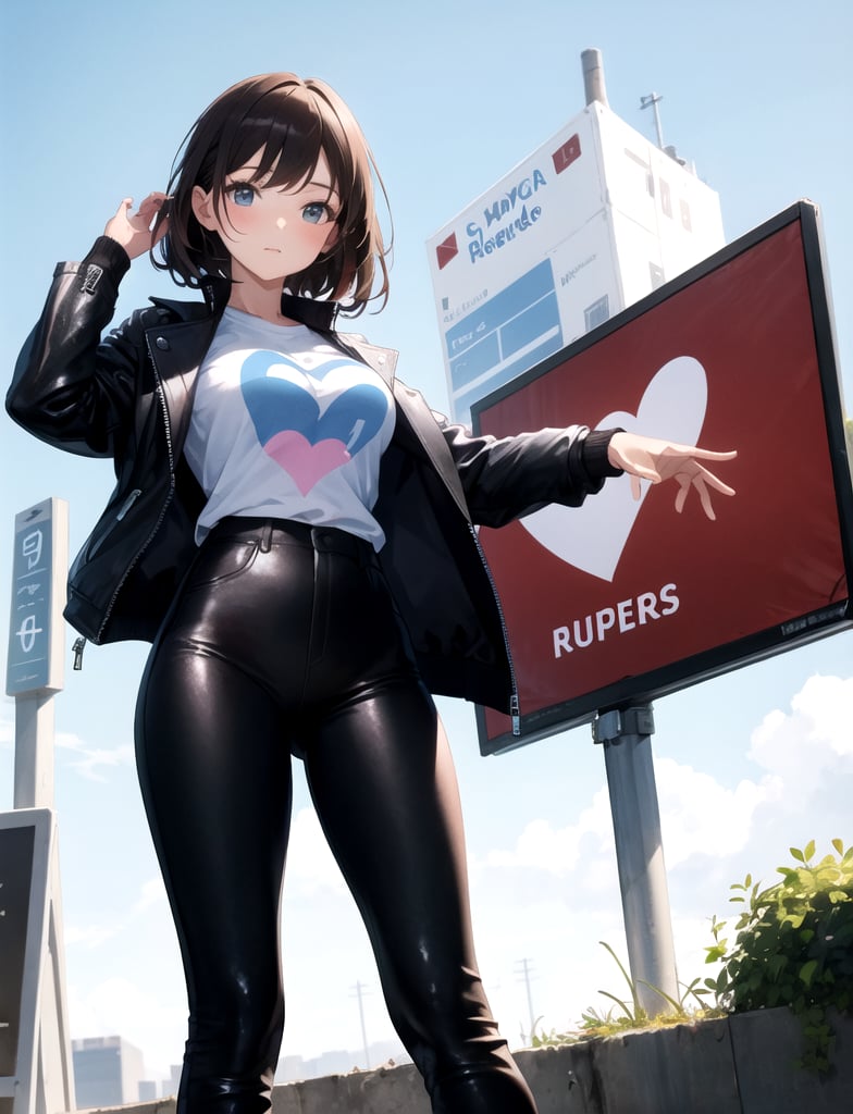 Masterpiece, super sensitive, highest image quality, one very beautiful woman,break,from below,Blue rider's jacket,
Heart print T-shirt, leather trousers