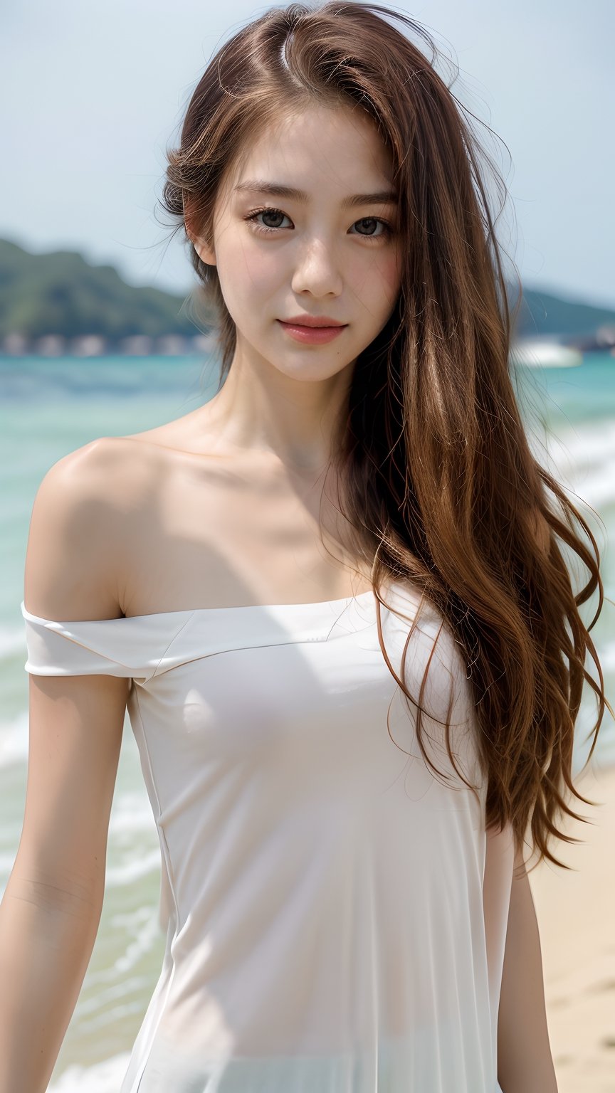 masterpiece,best quality,realistic,original photo,1girl,long hair,blouse,slight smile,detailed skin,pores,shoulderless,understated,beach background,perfect,Detailedface,sntdrs