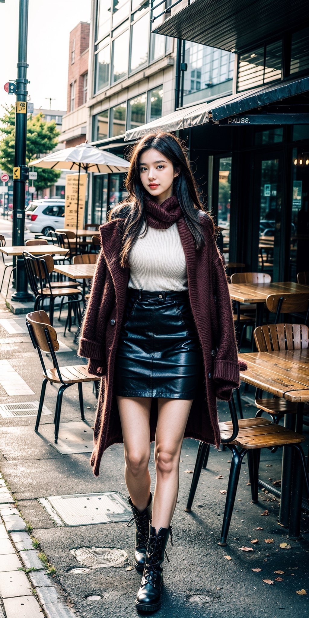 best quality, masterpiece, (photorealistic:1.4), 1girl, messy_hair, wind, expensive clothes, cold, scarf, skirts,outdoor, table, chairs, cross leg, full body, boot, (happy:0.88), 