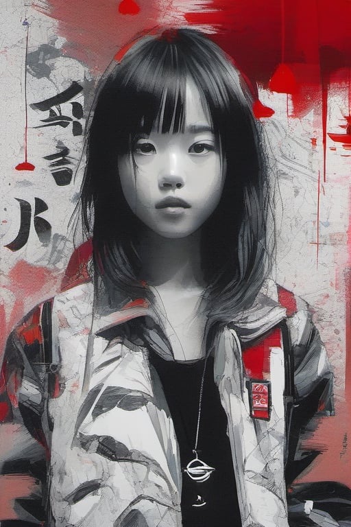 aesthetic, 2 tone, black and white, simplified shapes, figurative, style mix of acrylic painting, watercolor, oil painting, photography, digital art,   brush strokes, dark red color pop, a gorgeous young asian girl, highly detailed , ultra detailed, very intricate, low poly, abstract surreal, Kanji , Katakana ,  niji style, graffiti style,  comics style, anime style 