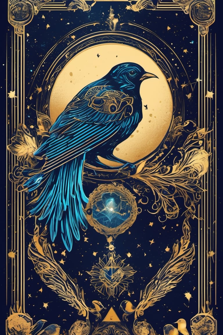 Tarot Card Style, (epic bird in the space, beautiful,magic aura, artistic) card, masterpiece, best quality,  cempoalxochitl, flat color, lineart, abstract, ornate, dark theme, (tarot), aw0k straightsylum, (frame),aw0k straightsylum