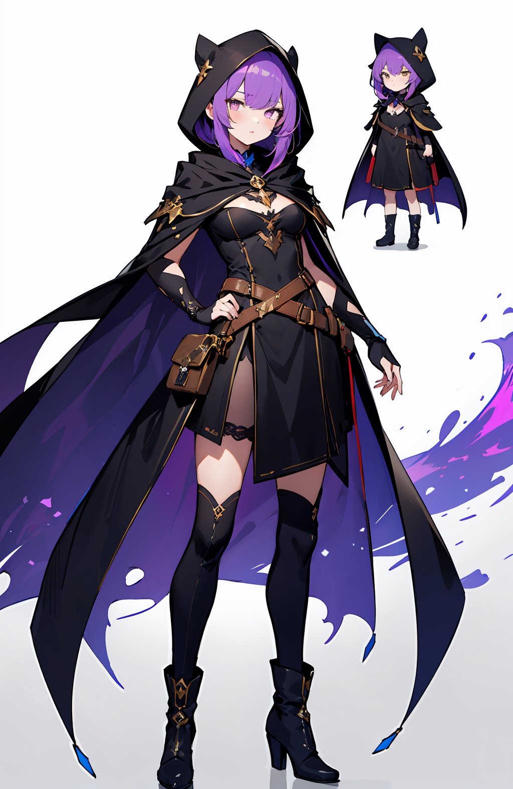 absurdres, (full-body), highres, ultra detailed, (1girl:1.3),BREAK, murderess dress, purple shadow aura, huntress dress, dark cape with hood and gold details, leather boots