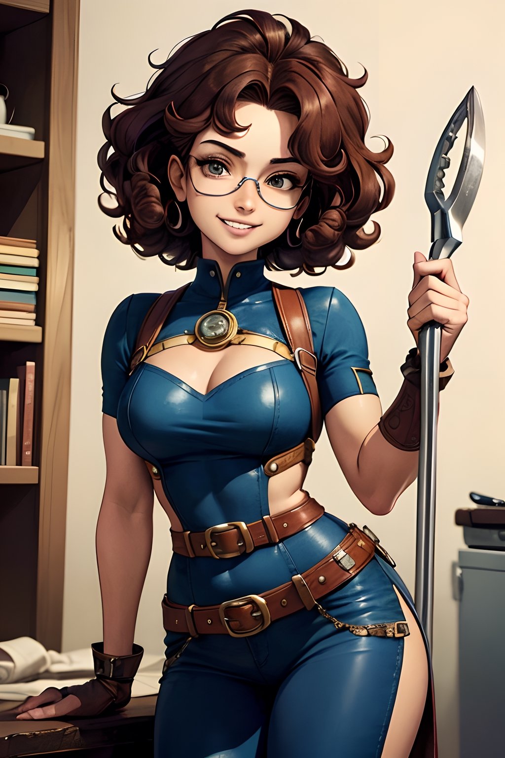 masterpiece, highly detailed character design, comic book style, perfectly centered, steampunk female engineer with goggles pushed up onto a messy mop of curly hair, Highly detailed body, Perfect arms, Tools dangle from belts, a trusty wrench is clutched in one hand, a mischievous grin, maximum details, highly detailed, sharp focus, intricate details