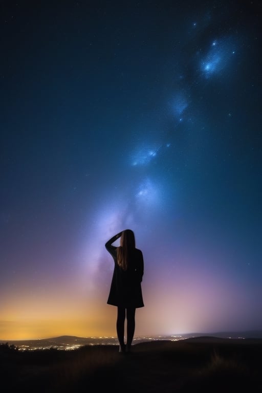 A beautiful starry night sky with a girl standing with her back turned, admiring the celestial display. The image should be a photograph capturing the breathtaking beauty of the night sky. The stars should be shining brightly, and constellations should be visible. The girl should be silhouetted against the night sky, with her posture conveying awe and wonder. The background should be a natural outdoor setting, enhancing the sense of immersion. The camera shot should be a medium shot, framing both the girl and the expansive night sky. The lens used should be a wide-angle lens to capture the vastness of the cosmos. The image should have high resolution, showcasing the fine details of the stars. Lighting should be natural, with the stars providing gentle illumination. The final result should be a realistic portrayal of a girl admiring the starry night sky, evoking a sense of wonder and tranquility.