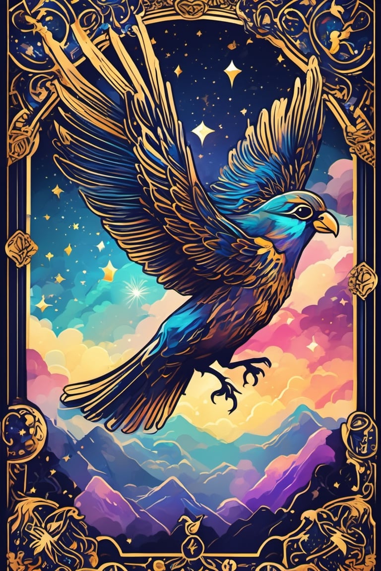 Tarot Card Style, (epic bird in the space, beautiful,magic aura, artistic) card, masterpiece, best quality,  cempoalxochitl, flat color, lineart, abstract, ornate, dark theme, (tarot), aw0k straightsylum, (frame),aw0k straightsylum