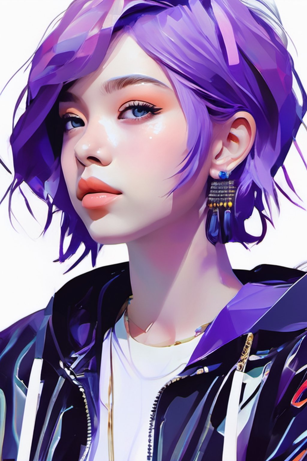 aesthetic,  2 tone,  black and white,  simplified shapes,  style mix of photography and digital art,  color pop theme,  a cute girl,  purple-hair,  violet_eyes,  tattoos,  highly detailed,  ultra detailed,  very intricate,  low poly,  abstract surreal,  Kanji,  Katakana,  artstation,  graffiti style,  comics style,  anime style