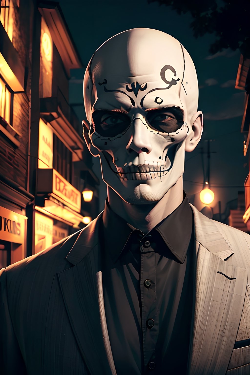 high detail, colorful, sugar skull man, white thin bald man, hitman style, night atmosphere at Halloween