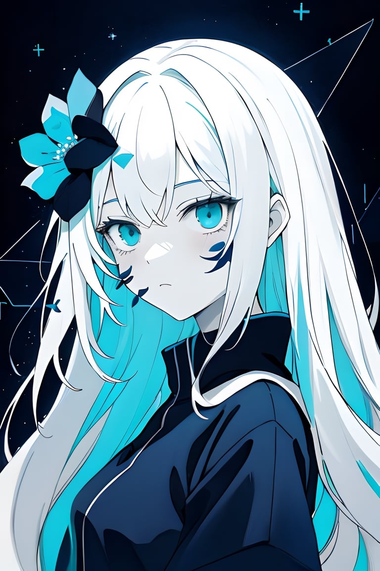 a beautiful girl with blue flowers on her face,  in the style of monochromatic paintings,  dark sky-blue and dark navy,  dark sky-blue and dark white,  multilayered realism,  luminous shadowing,  anime-inspired,  elegant outlines