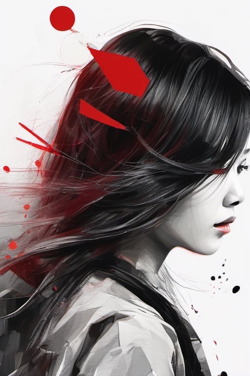 aesthetic, 2 tone, black and white, simplified shapes, figurative, style mix of acrylic painting, watercolor, oil painting, photography, digital art,   brush strokes, dark red color pop, a gorgeous young asian girl, highly detailed , ultra detailed, very intricate, low poly, abstract surreal, Kanji , Katakana ,  niji style, graffiti style,  comics style, anime style 